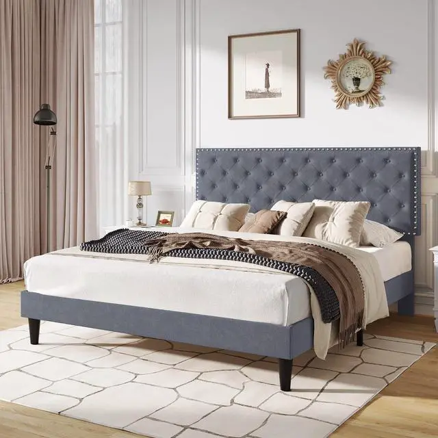 Alt view image 3 of 7 - King Size Velvet Bed Frame with Adjustable Headboard, Diamond Button Tufted and Rivet Decor, No Box Spring Needed, Silver Grey
