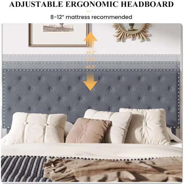 Alt view image 5 of 7 - King Size Velvet Bed Frame with Adjustable Headboard, Diamond Button Tufted and Rivet Decor, No Box Spring Needed, Silver Grey
