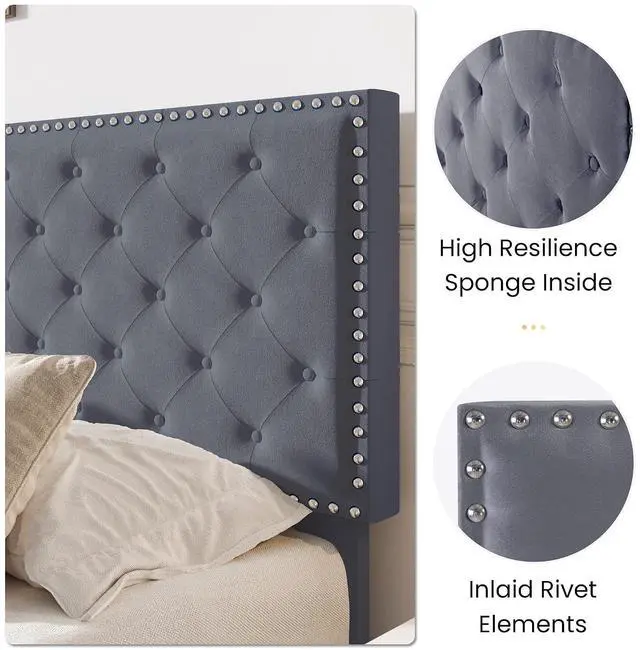 Alt view image 4 of 7 - King Size Velvet Bed Frame with Adjustable Headboard, Diamond Button Tufted and Rivet Decor, No Box Spring Needed, Silver Grey