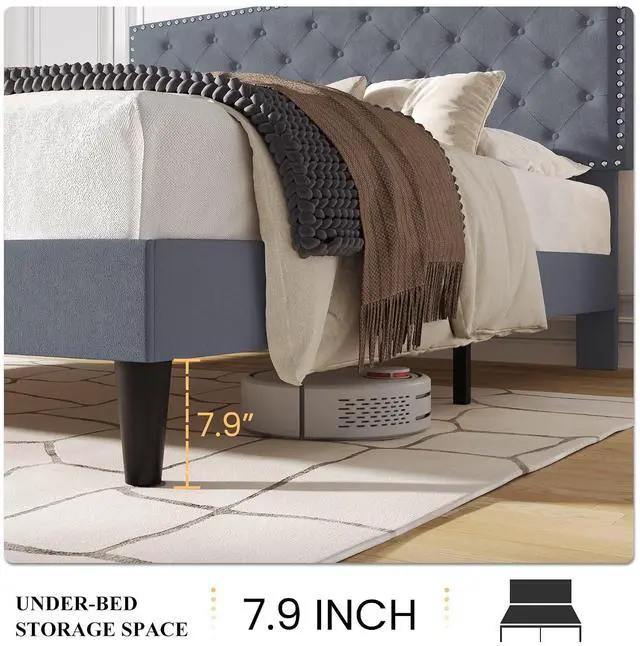 Alt view image 6 of 7 - King Size Velvet Bed Frame with Adjustable Headboard, Diamond Button Tufted and Rivet Decor, No Box Spring Needed, Silver Grey