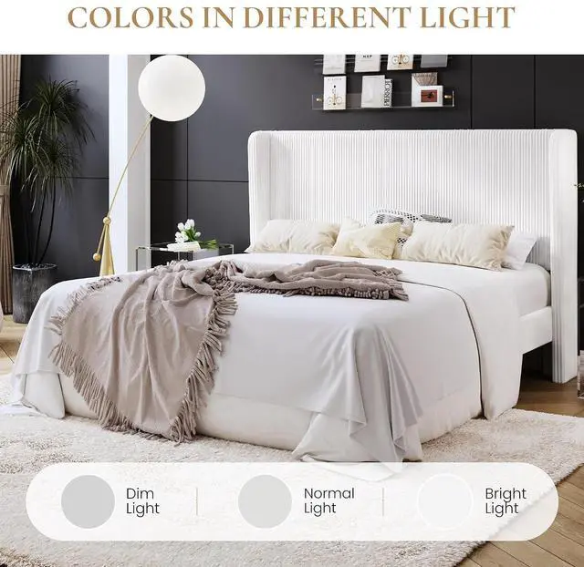 Alt view image 3 of 7 - King Size Corduroy Upholstered Platform Bed Frame with Vertical Channel Tufted Wingback Headboard, 8" Under Bed Storage, Wooden Slats & Metal Frame Support, Easy Assembly, White