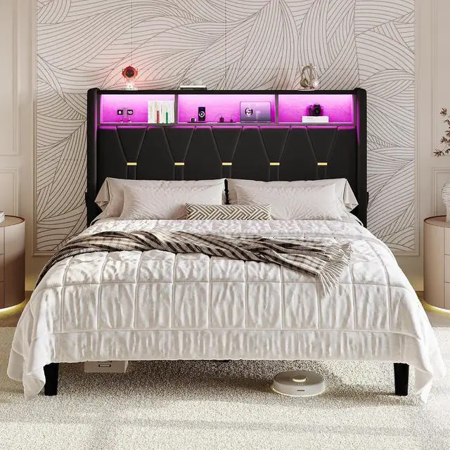 Main image of Queen Bed Frame with LED Lights & 2-Tier Storage Headboard, Velvet Upholstered Platform Bed with Charging Station, Modern Wingback Design, Noise-Free, No Box Spring Needed, Black
