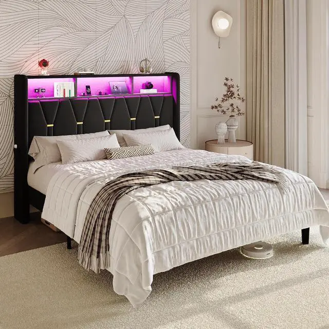 Alt view image 3 of 7 - Queen Bed Frame with LED Lights & 2-Tier Storage Headboard, Velvet Upholstered Platform Bed with Charging Station, Modern Wingback Design, Noise-Free, No Box Spring Needed, Black