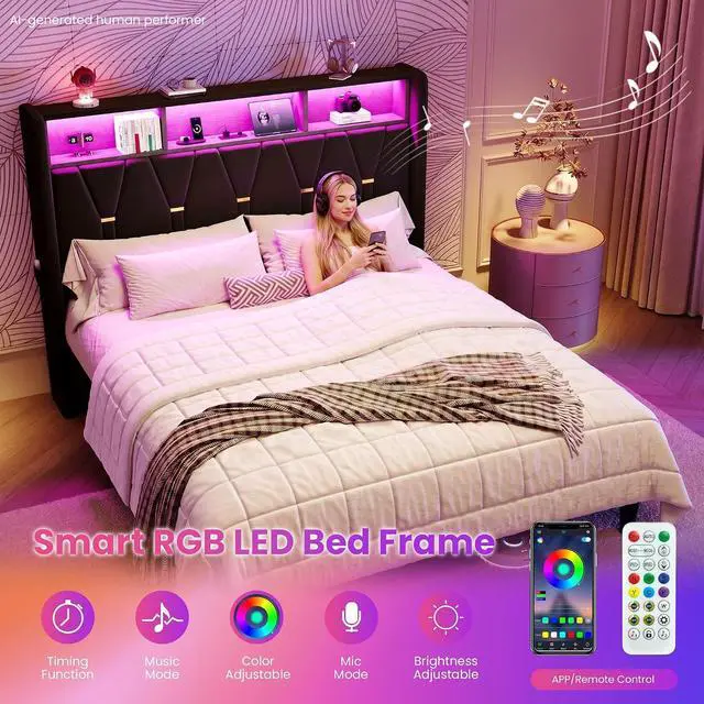 Alt view image 5 of 7 - Queen Bed Frame with LED Lights & 2-Tier Storage Headboard, Velvet Upholstered Platform Bed with Charging Station, Modern Wingback Design, Noise-Free, No Box Spring Needed, Black
