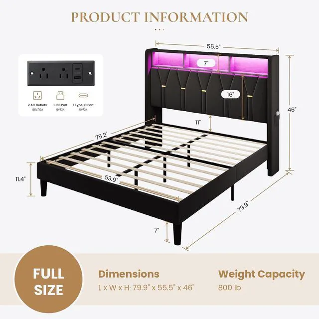 Alt view image 2 of 7 - Full Size Bed Frame with LED Lights & 2-Tier Storage Headboard, Velvet Upholstered Platform Bed with Charging Station, Modern Wingback Design, Noise-Free, No Box Spring Needed, Black