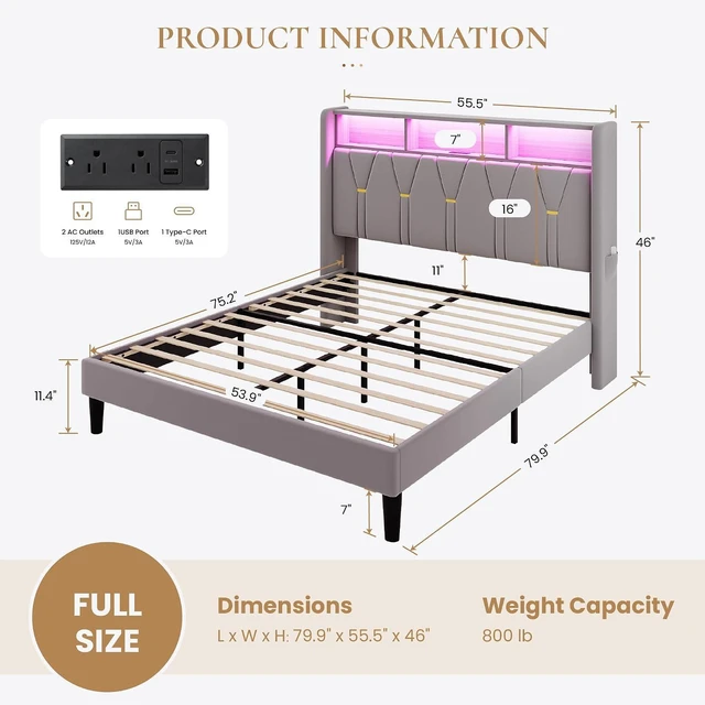 Alt view image 2 of 7 - Full Size Bed Frame with LED Lights & 2-Tier Storage Headboard, Velvet Upholstered Platform Bed with Charging Station, Modern Wingback Design, Noise-Free, No Box Spring Needed, Grey