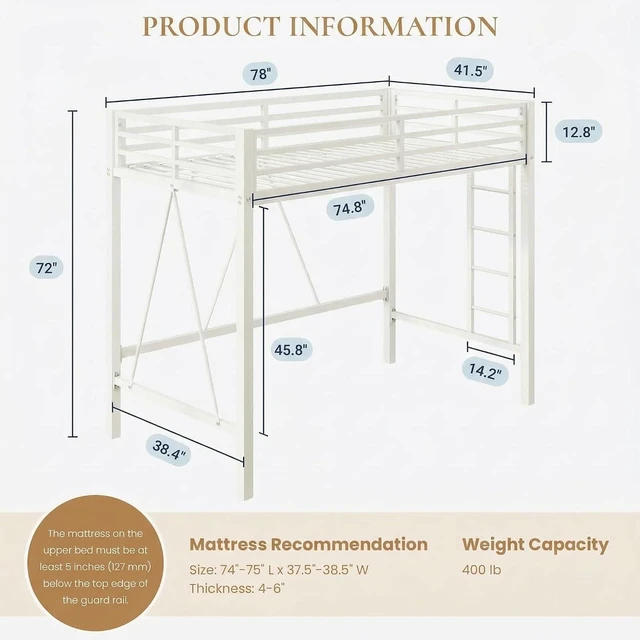 Alt view image 2 of 7 - Loft Bed Twin Size with CPC Certification, Heavy Duty Metal Slats Support, Small Space Saving Furniture for Bedroom Dorm, White