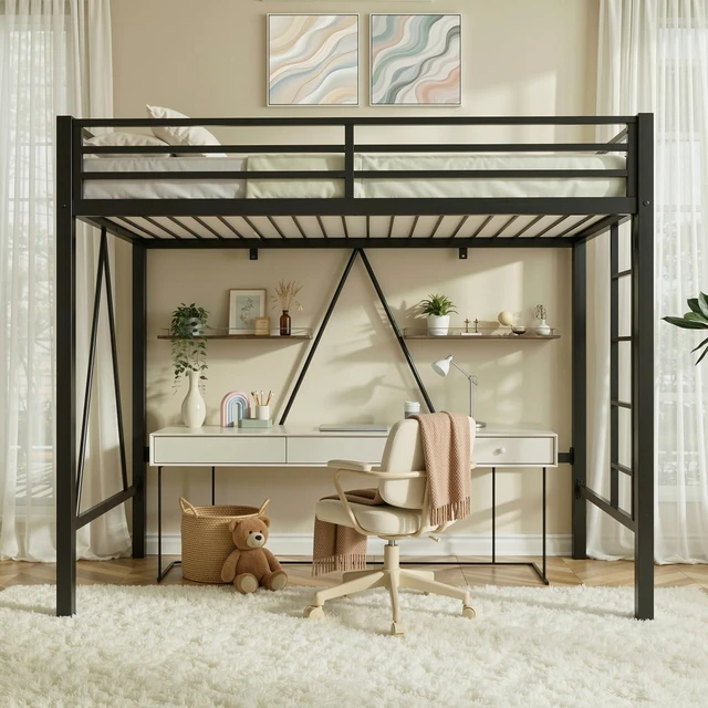 Main image of Loft Bed Twin Size with CPC Certification, Heavy Duty Metal Slats Support, Small Space Saving Furniture for Bedroom Dorm, Black