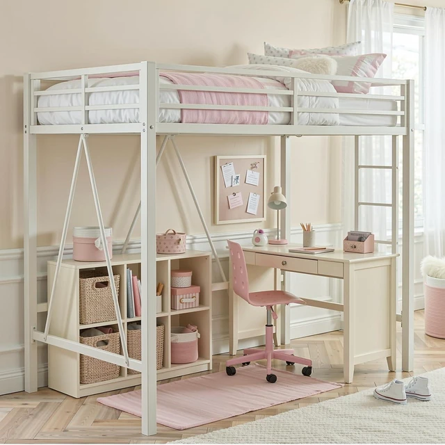 Alt view image 4 of 7 - Loft Bed Twin Size with CPC Certification, Heavy Duty Metal Slats Support, Small Space Saving Furniture for Bedroom Dorm, White