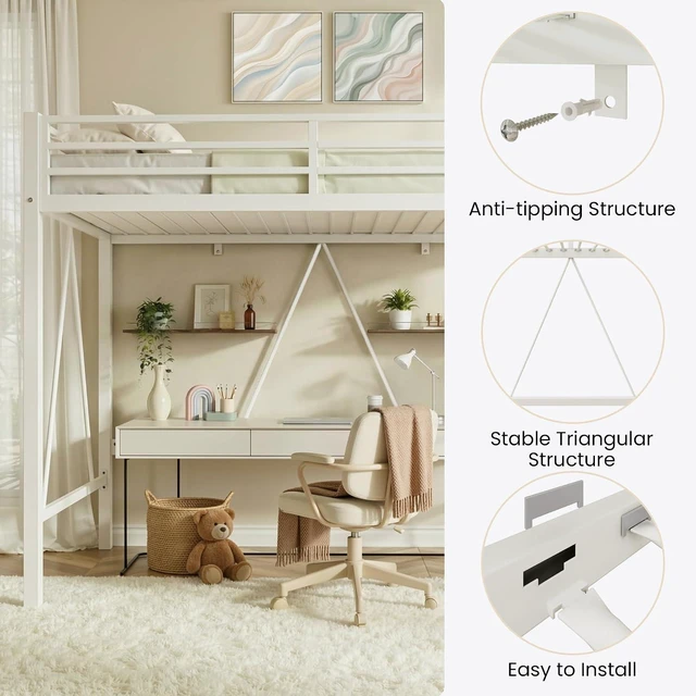 Alt view image 7 of 7 - Loft Bed Twin Size with CPC Certification, Heavy Duty Metal Slats Support, Small Space Saving Furniture for Bedroom Dorm, White