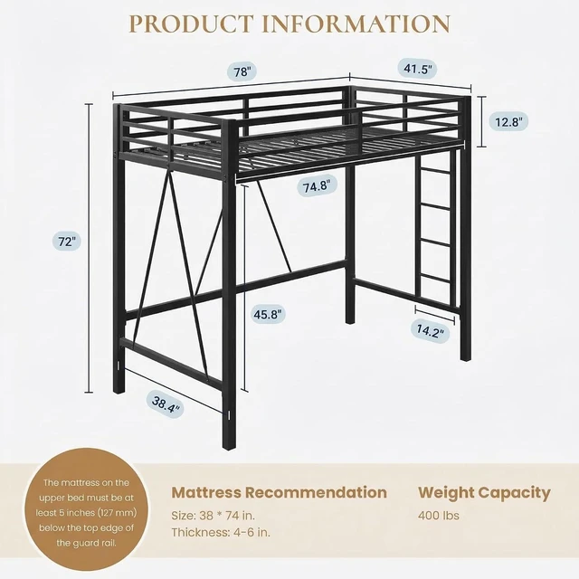 Alt view image 2 of 7 - Loft Bed Twin Size with CPC Certification, Heavy Duty Metal Slats Support, Small Space Saving Furniture for Bedroom Dorm, Black
