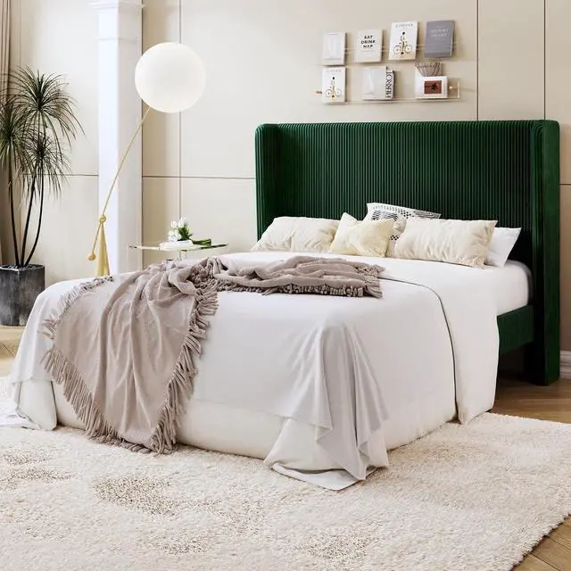 Alt view image 3 of 7 - Full Size Corduroy Upholstered Platform Bed Frame with Vertical Channel Tufted Wingback Headboard, 8" Under Bed Storage, Wooden Slats & Metal Frame Support, Easy Assembly, Dark Green