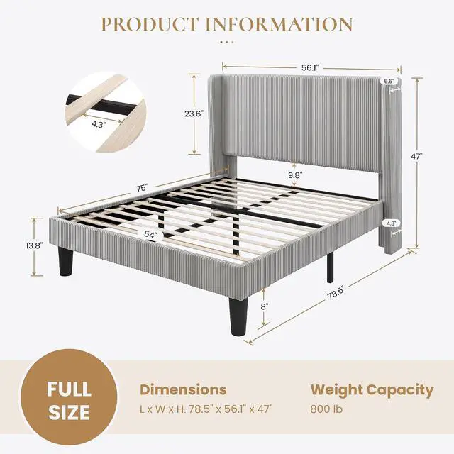 Alt view image 2 of 7 - Full Size Corduroy Upholstered Platform Bed Frame with Vertical Channel Tufted Wingback Headboard, 8" Under Bed Storage, Wooden Slats & Metal Frame Support, Easy Assembly, Light Grey