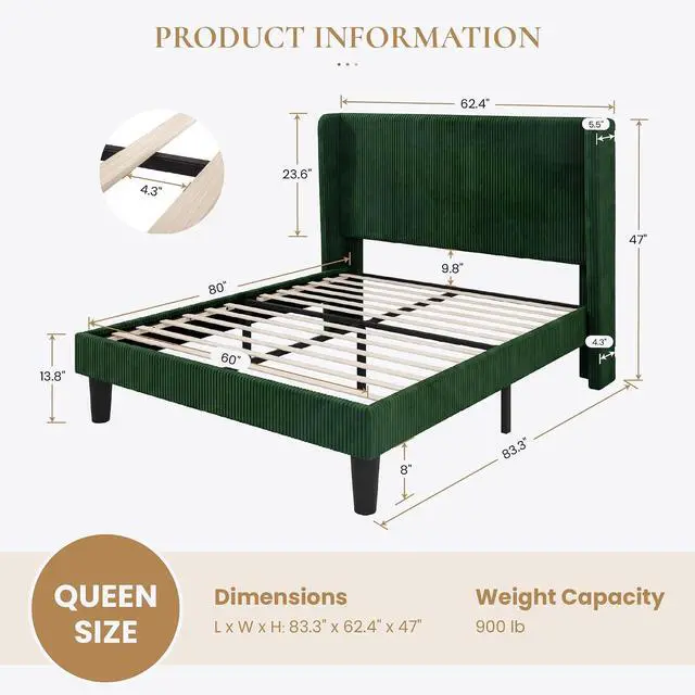 Alt view image 2 of 7 - Queen Size Corduroy Upholstered Platform Bed Frame with Vertical Channel Tufted Wingback Headboard, 8" Under Bed Storage, Wooden Slats & Metal Frame Support, Easy Assembly, Dark Green
