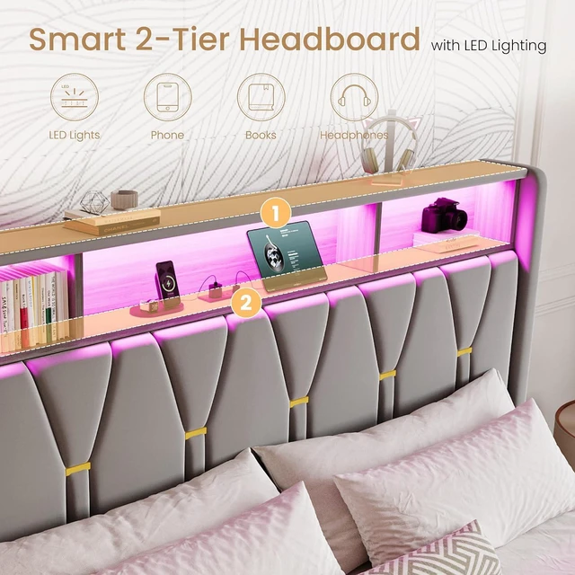 Alt view image 4 of 7 - King Size Bed Frame with LED Lights & 2-Tier Storage Headboard, Velvet Upholstered Platform Bed with Charging Station, Modern Wingback Design, Noise-Free, No Box Spring Needed, Grey