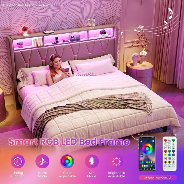 Alt view image 5 of 7 - King Size Bed Frame with LED Lights & 2-Tier Storage Headboard, Velvet Upholstered Platform Bed with Charging Station, Modern Wingback Design, Noise-Free, No Box Spring Needed, Grey