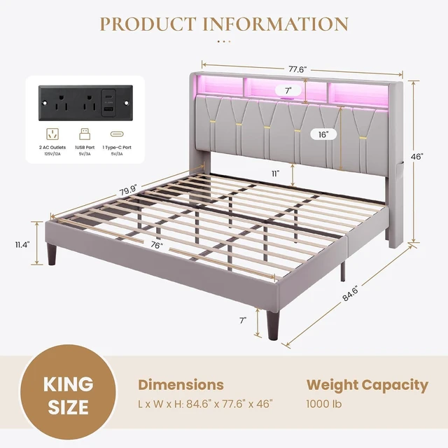 Alt view image 2 of 7 - King Size Bed Frame with LED Lights & 2-Tier Storage Headboard, Velvet Upholstered Platform Bed with Charging Station, Modern Wingback Design, Noise-Free, No Box Spring Needed, Grey