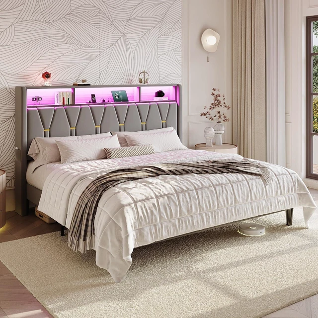 Alt view image 3 of 7 - King Size Bed Frame with LED Lights & 2-Tier Storage Headboard, Velvet Upholstered Platform Bed with Charging Station, Modern Wingback Design, Noise-Free, No Box Spring Needed, Grey