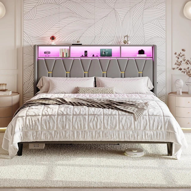 Main image of King Size Bed Frame with LED Lights & 2-Tier Storage Headboard, Velvet Upholstered Platform Bed with Charging Station, Modern Wingback Design, Noise-Free, No Box Spring Needed, Grey