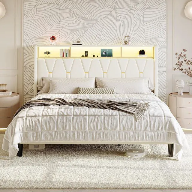 Main image of King Size Bed Frame with LED Lights & 2-Tier Storage Headboard, Velvet Upholstered Platform Bed with Charging Station, Modern Wingback Design, Noise-Free, No Box Spring Needed, White