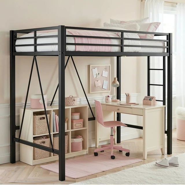 Alt view image 3 of 7 - Loft Bed Twin Size with CPC Certification, Heavy Duty Metal Slats Support, Small Space Saving Furniture for Bedroom Dorm, Black