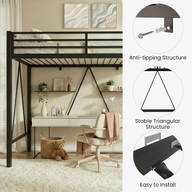 Alt view image 7 of 7 - Loft Bed Twin Size with CPC Certification, Heavy Duty Metal Slats Support, Small Space Saving Furniture for Bedroom Dorm, Black