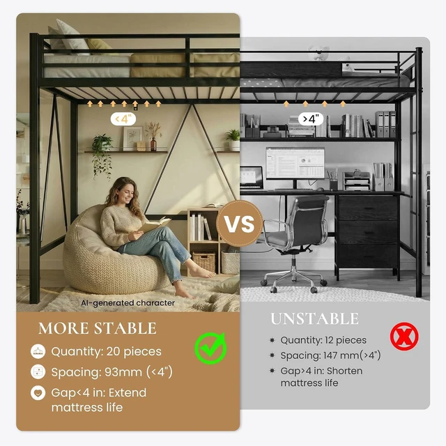 Alt view image 6 of 7 - Loft Bed Twin Size with CPC Certification, Heavy Duty Metal Slats Support, Small Space Saving Furniture for Bedroom Dorm, Black