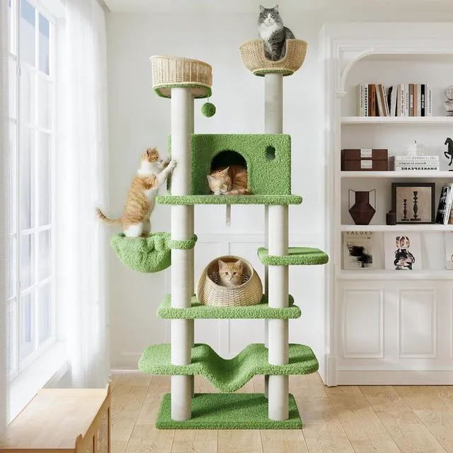 Alt view image 2 of 7 - 82" Handmade Rattan Cat Tree Tower, Multi-Level Activity Center with Sisal Scratching Posts, Plush Condo, Wicker Perches & Hammock, Large Indoor Cat Playground, Green