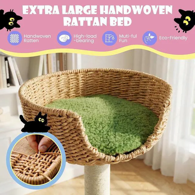 Alt view image 4 of 7 - 82" Handmade Rattan Cat Tree Tower, Multi-Level Activity Center with Sisal Scratching Posts, Plush Condo, Wicker Perches & Hammock, Large Indoor Cat Playground, Green