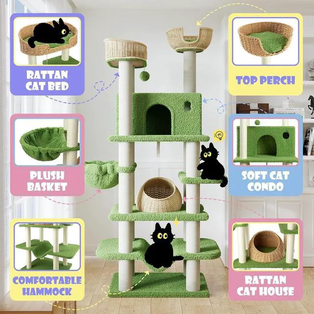 Alt view image 3 of 7 - 82" Handmade Rattan Cat Tree Tower, Multi-Level Activity Center with Sisal Scratching Posts, Plush Condo, Wicker Perches & Hammock, Large Indoor Cat Playground, Green