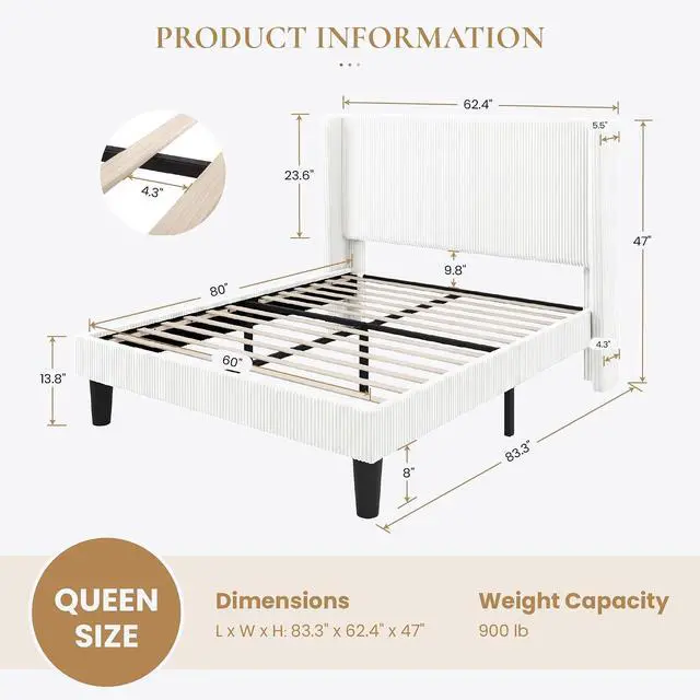 Alt view image 2 of 7 - Queen Size Corduroy Upholstered Platform Bed Frame with Vertical Channel Tufted Wingback Headboard, 8" Under Bed Storage, Wooden Slats & Metal Frame Support, Easy Assembly, White