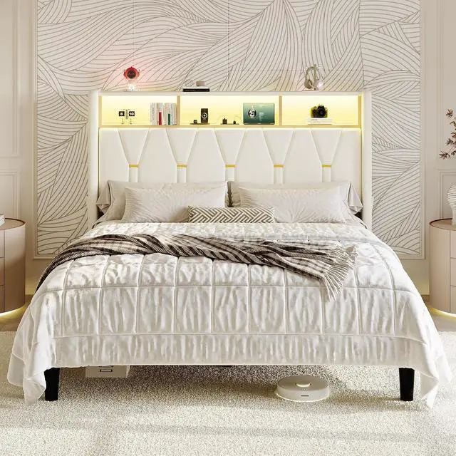 Main image of Queen Bed Frame with LED Lights & 2-Tier Storage Headboard, Velvet Upholstered Platform Bed with Charging Station, Modern Wingback Design, Noise-Free, No Box Spring Needed, White
