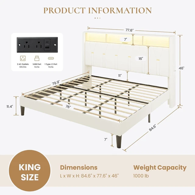 Alt view image 2 of 7 - King Size Bed Frame with LED Lights & 2-Tier Storage Headboard, Velvet Upholstered Platform Bed with Charging Station, Modern Wingback Design, Noise-Free, No Box Spring Needed, White