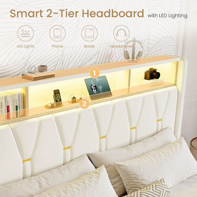 Alt view image 4 of 7 - King Size Bed Frame with LED Lights & 2-Tier Storage Headboard, Velvet Upholstered Platform Bed with Charging Station, Modern Wingback Design, Noise-Free, No Box Spring Needed, White