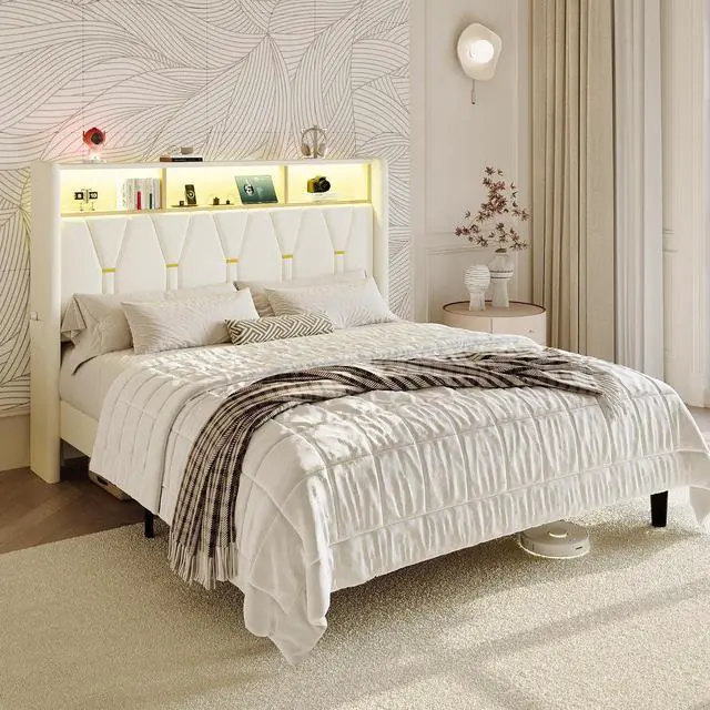 Alt view image 3 of 7 - Queen Bed Frame with LED Lights & 2-Tier Storage Headboard, Velvet Upholstered Platform Bed with Charging Station, Modern Wingback Design, Noise-Free, No Box Spring Needed, White