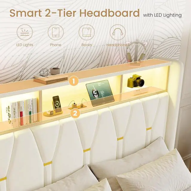 Alt view image 4 of 7 - Queen Bed Frame with LED Lights & 2-Tier Storage Headboard, Velvet Upholstered Platform Bed with Charging Station, Modern Wingback Design, Noise-Free, No Box Spring Needed, White