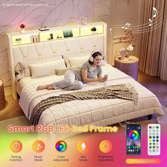 Alt view image 5 of 7 - King Size Bed Frame with LED Lights & 2-Tier Storage Headboard, Velvet Upholstered Platform Bed with Charging Station, Modern Wingback Design, Noise-Free, No Box Spring Needed, White