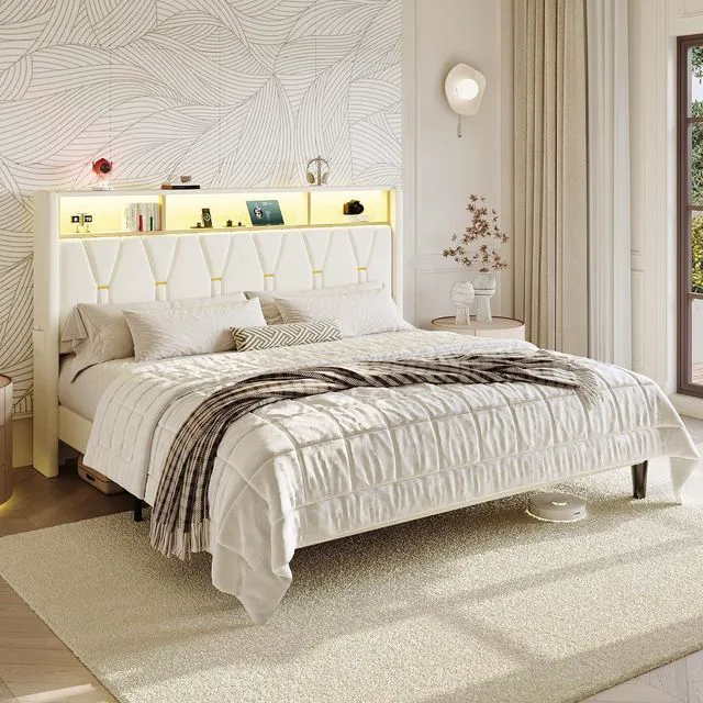 Alt view image 3 of 7 - King Size Bed Frame with LED Lights & 2-Tier Storage Headboard, Velvet Upholstered Platform Bed with Charging Station, Modern Wingback Design, Noise-Free, No Box Spring Needed, White