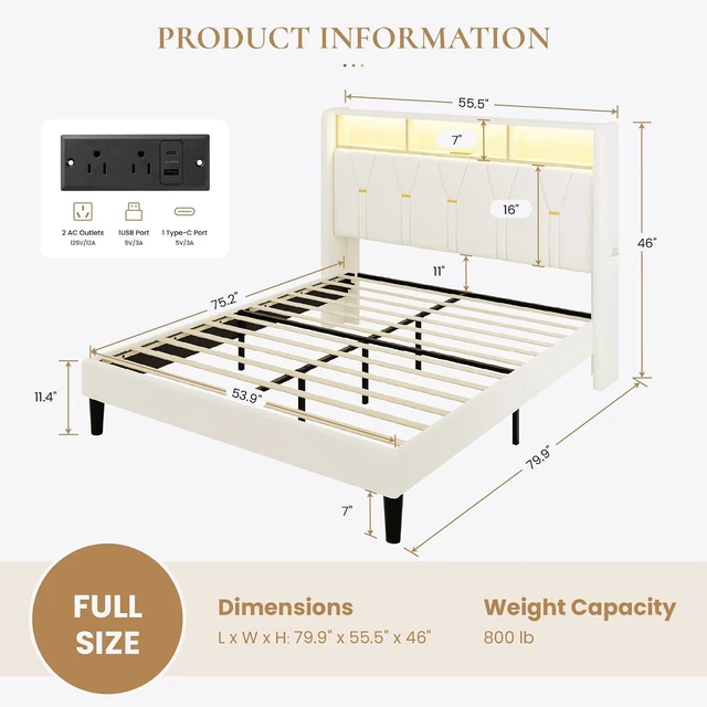 Alt view image 2 of 7 - Full Size Bed Frame with LED Lights & 2-Tier Storage Headboard, Velvet Upholstered Platform Bed with Charging Station, Modern Wingback Design, Noise-Free, No Box Spring Needed, White