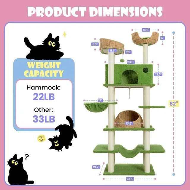 Alt view image 6 of 7 - 82" Handmade Rattan Cat Tree Tower, Multi-Level Activity Center with Sisal Scratching Posts, Plush Condo, Wicker Perches & Hammock, Large Indoor Cat Playground, Green