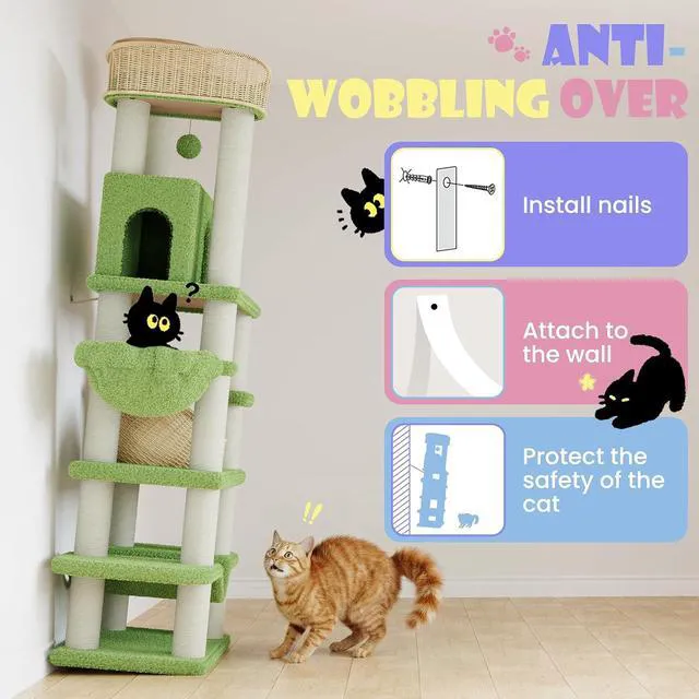 Alt view image 7 of 7 - 82" Handmade Rattan Cat Tree Tower, Multi-Level Activity Center with Sisal Scratching Posts, Plush Condo, Wicker Perches & Hammock, Large Indoor Cat Playground, Green