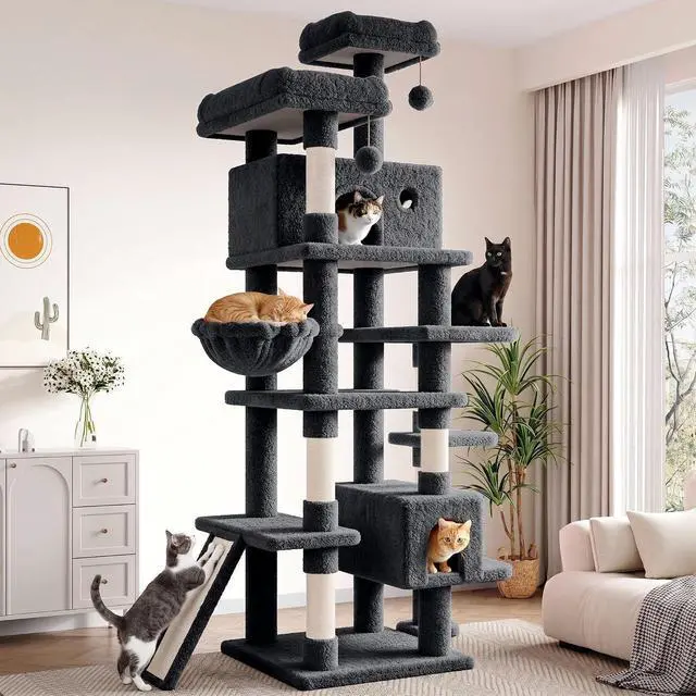 Main image of 82 inch, Multi-Level Cat Tree Tower for Indoor Cats, Cat Condo with Sisal Scratching Posts, Plush Perches, Hammocks, Toy Balls, Dark Grey