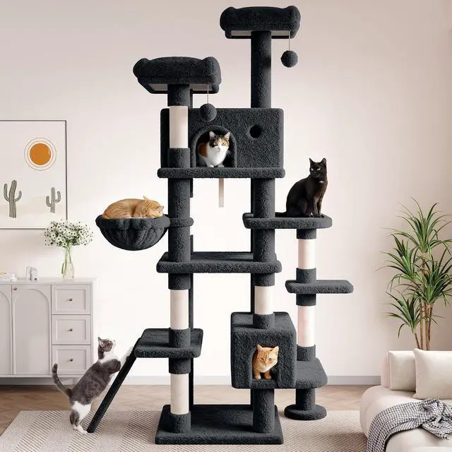 Alt view image 2 of 7 - 82 inch, Multi-Level Cat Tree Tower for Indoor Cats, Cat Condo with Sisal Scratching Posts, Plush Perches, Hammocks, Toy Balls, Dark Grey