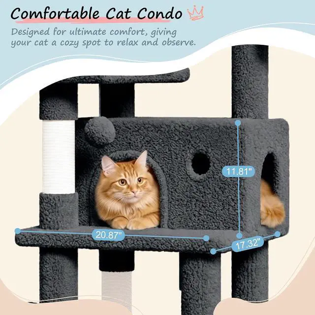 Alt view image 5 of 7 - 82 inch, Multi-Level Cat Tree Tower for Indoor Cats, Cat Condo with Sisal Scratching Posts, Plush Perches, Hammocks, Toy Balls, Dark Grey
