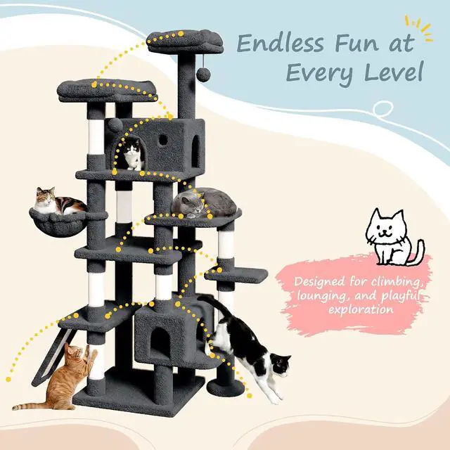 Alt view image 6 of 7 - 82 inch, Multi-Level Cat Tree Tower for Indoor Cats, Cat Condo with Sisal Scratching Posts, Plush Perches, Hammocks, Toy Balls, Dark Grey