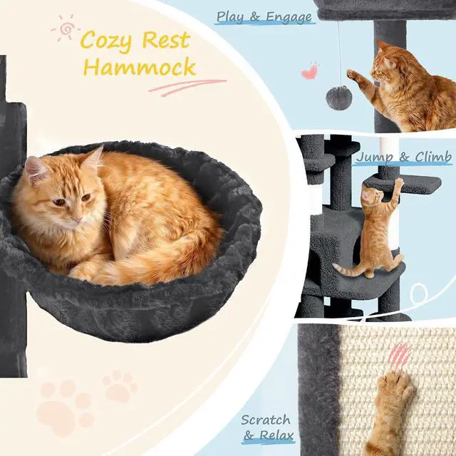 Alt view image 3 of 7 - 82 inch, Multi-Level Cat Tree Tower for Indoor Cats, Cat Condo with Sisal Scratching Posts, Plush Perches, Hammocks, Toy Balls, Dark Grey