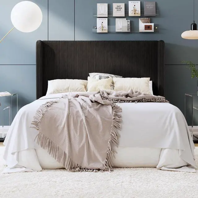 Main image of Full Size Corduroy Upholstered Platform Bed Frame with Vertical Channel Tufted Wingback Headboard, 8" Under Bed Storage, Wooden Slats & Metal Frame Support, Easy Assembly, Black