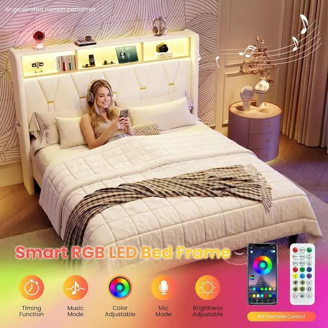 Alt view image 5 of 7 - Queen Bed Frame with LED Lights & 2-Tier Storage Headboard, Velvet Upholstered Platform Bed with Charging Station, Modern Wingback Design, Noise-Free, No Box Spring Needed, White