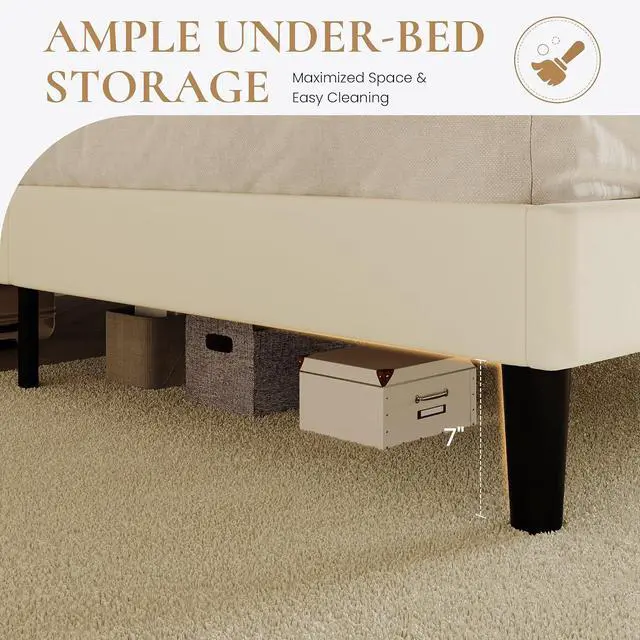 Alt view image 7 of 7 - Queen Bed Frame with LED Lights & 2-Tier Storage Headboard, Velvet Upholstered Platform Bed with Charging Station, Modern Wingback Design, Noise-Free, No Box Spring Needed, White
