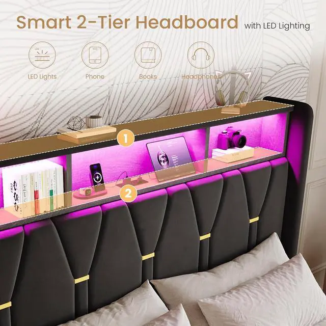 Alt view image 4 of 7 - Queen Bed Frame with LED Lights & 2-Tier Storage Headboard, Velvet Upholstered Platform Bed with Charging Station, Modern Wingback Design, Noise-Free, No Box Spring Needed, Black